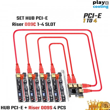 SET HUB PCI-E Riser Card X4 009C X4 Black Red (ชุดฮํบต่อการ์ดจอเพิ่ม 4ตัว สำหรับเครื่องขุด)